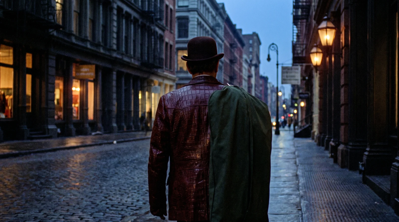 A man in an alligator jacket and bowler hat walking away down a cobbled SoHo street at blue hour, a green garment bag over his shoulder
