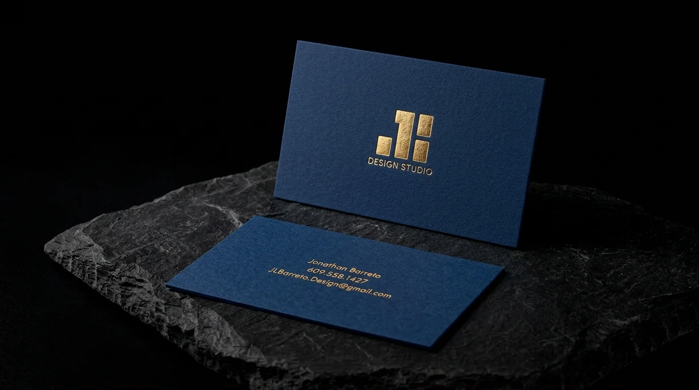 Business-cards for JB Design Studio with gold and two-sided foil stamping, navy uncoated and mixed orientation.