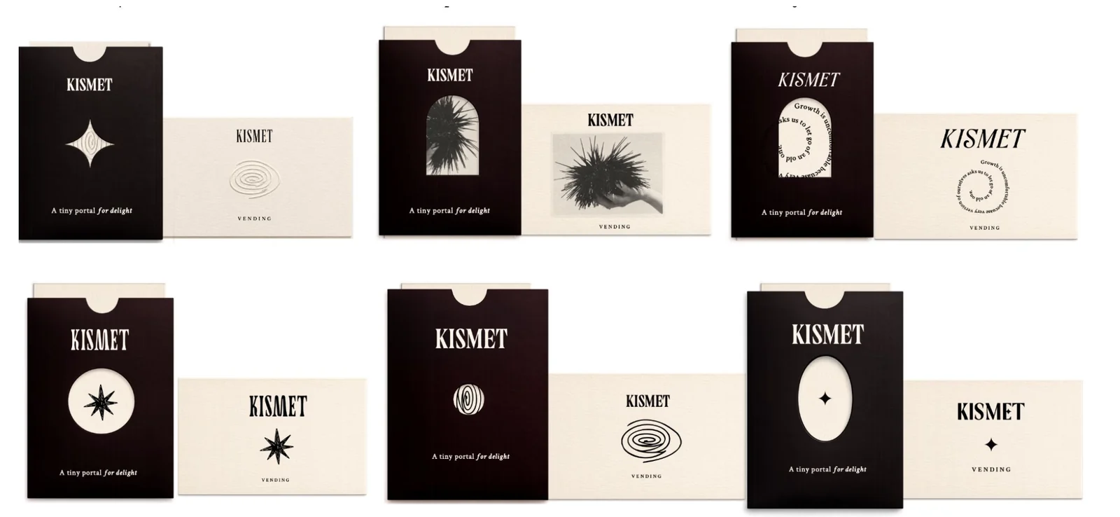 Kismet Vending sleeve concepts: six oxblood-black sleeves with a thumb notch, the KISMET wordmark, the line A tiny portal for delight and different die-cut windows, each beside its cream card