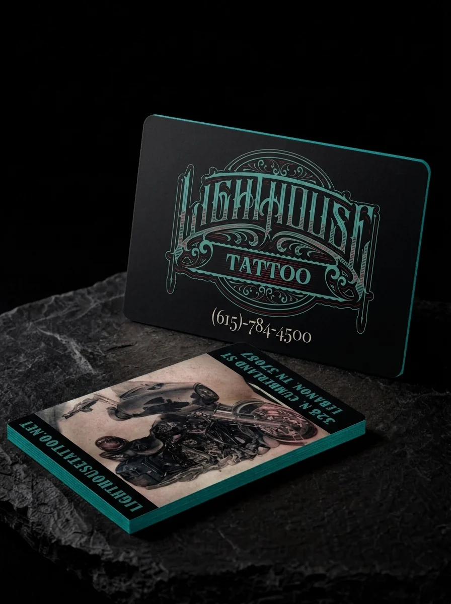 Business-cards for Lighthouse Tattoo with silk matte stock, four-colour process, pms edge painting, rounded corners and appointment side.