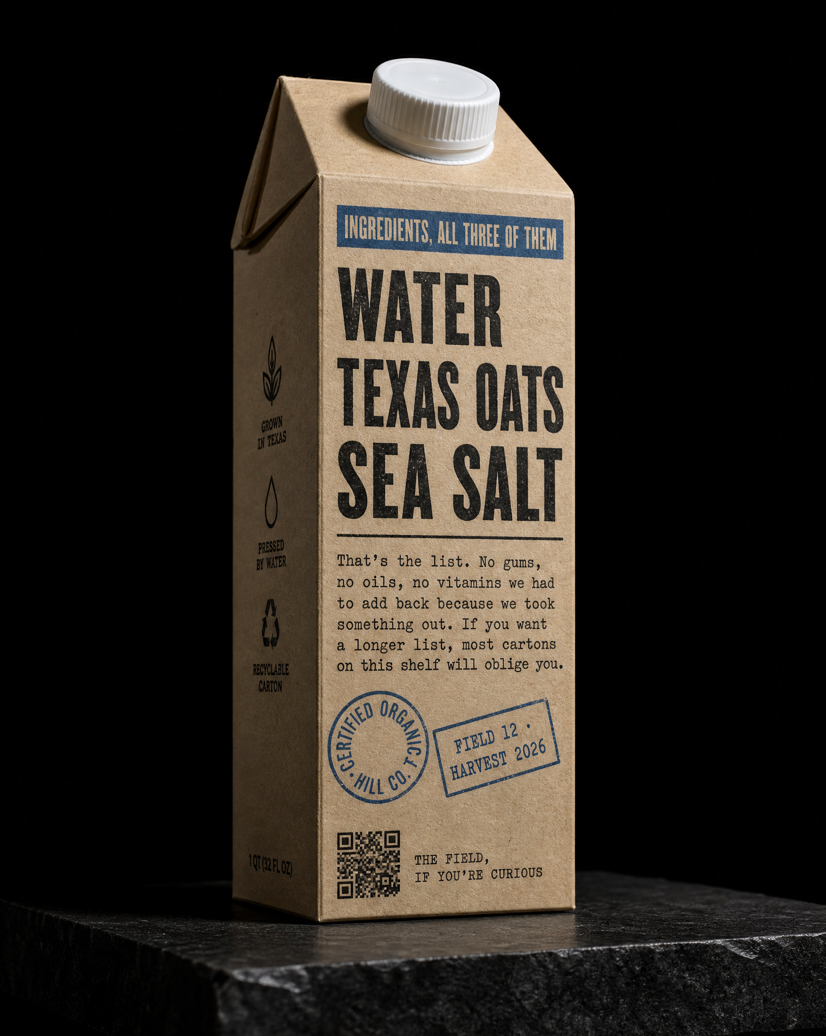 Lone Oat Texas organic oat drink, unbleached kraft-face aseptic carton with two-ink broadside wood type, back shot, by Print Peppermint