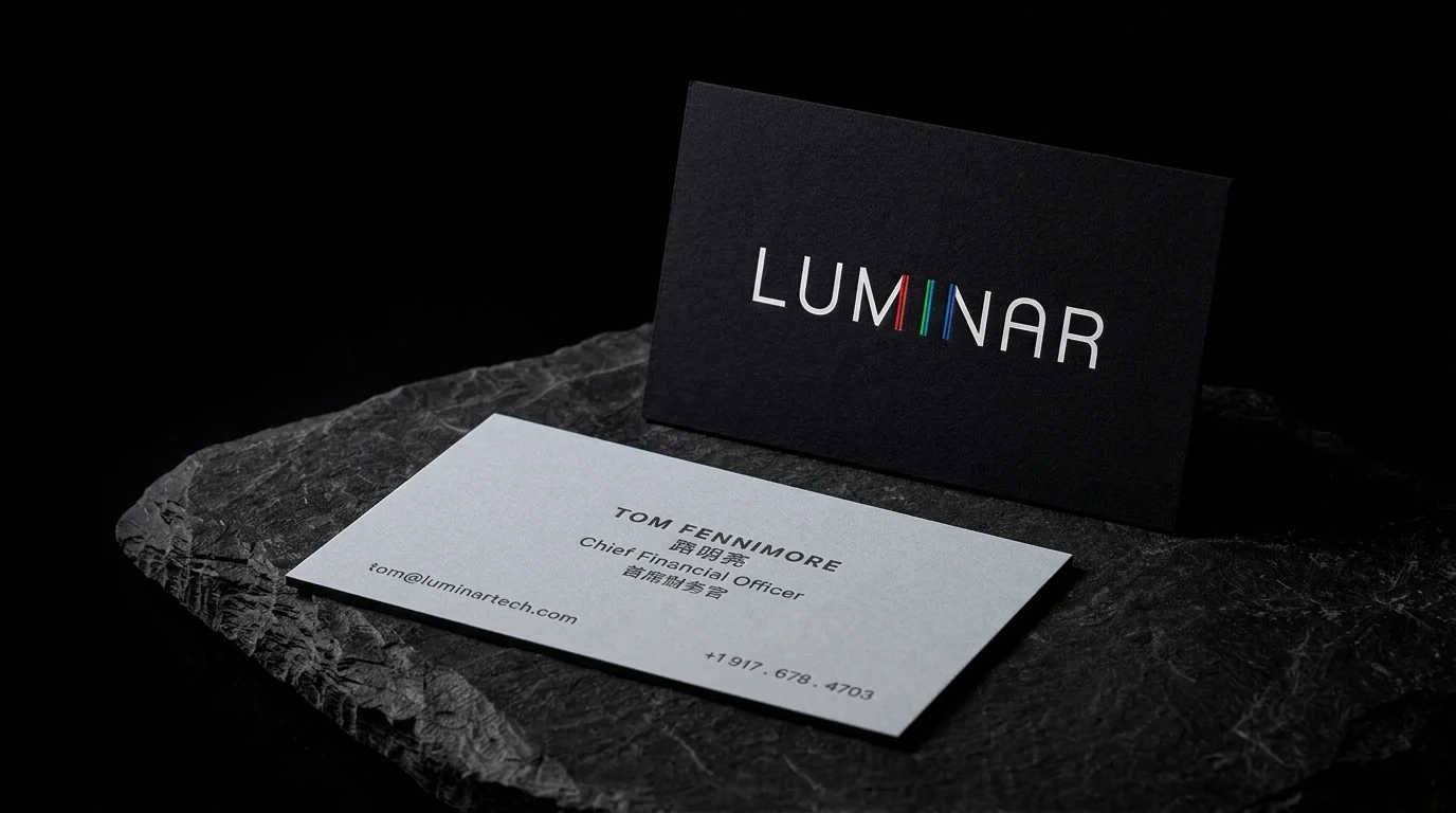 Business-cards for Luminar with white foil stamping, black stock, three registered foils and bilingual reverse.