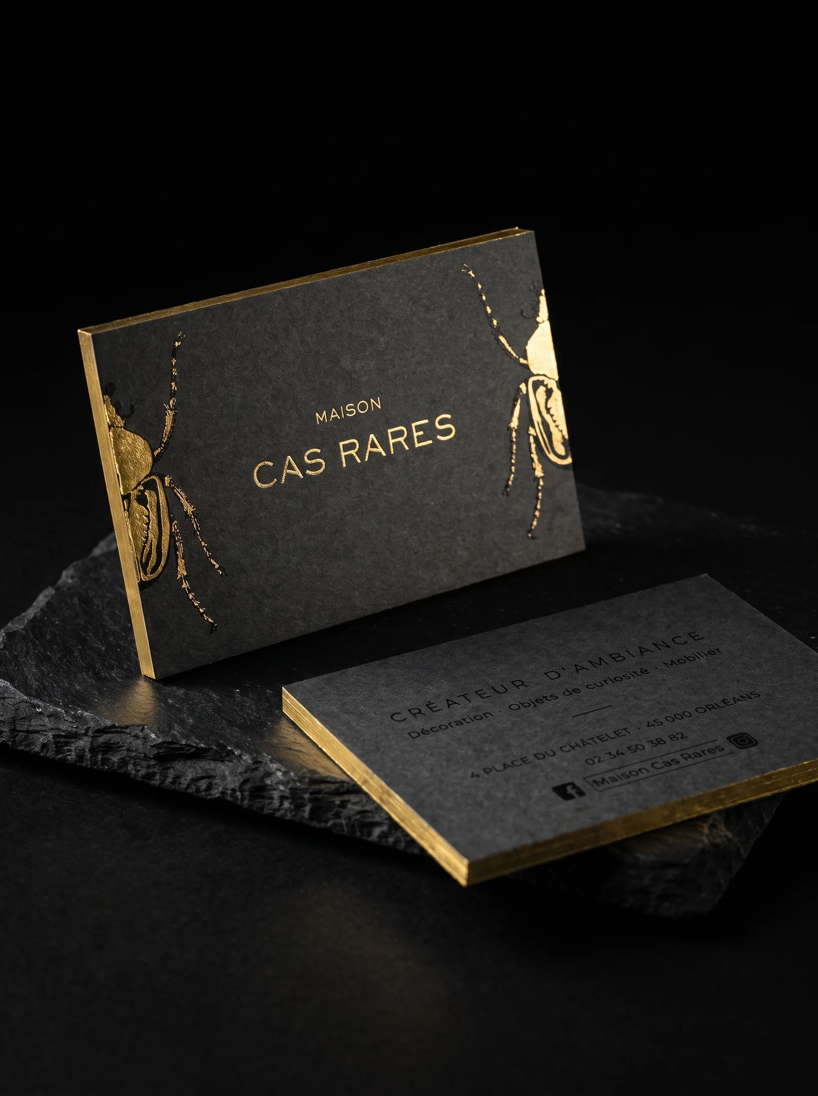Maison Cas Rares: Charcoal uncoated stock, gold foil beetles, gold foil-stamped edge