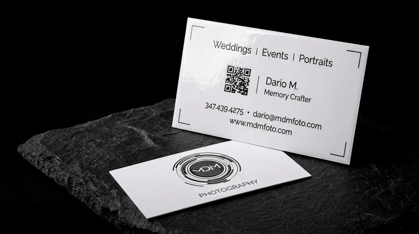 Business-cards for MDM Photography with white stock, raised gloss, black ink and qr code.