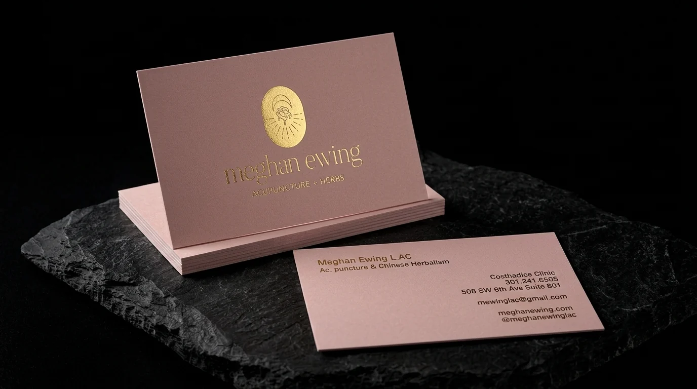Business-cards for Meghan Ewing with gold and two-sided foil stamping and dusty rose stock.