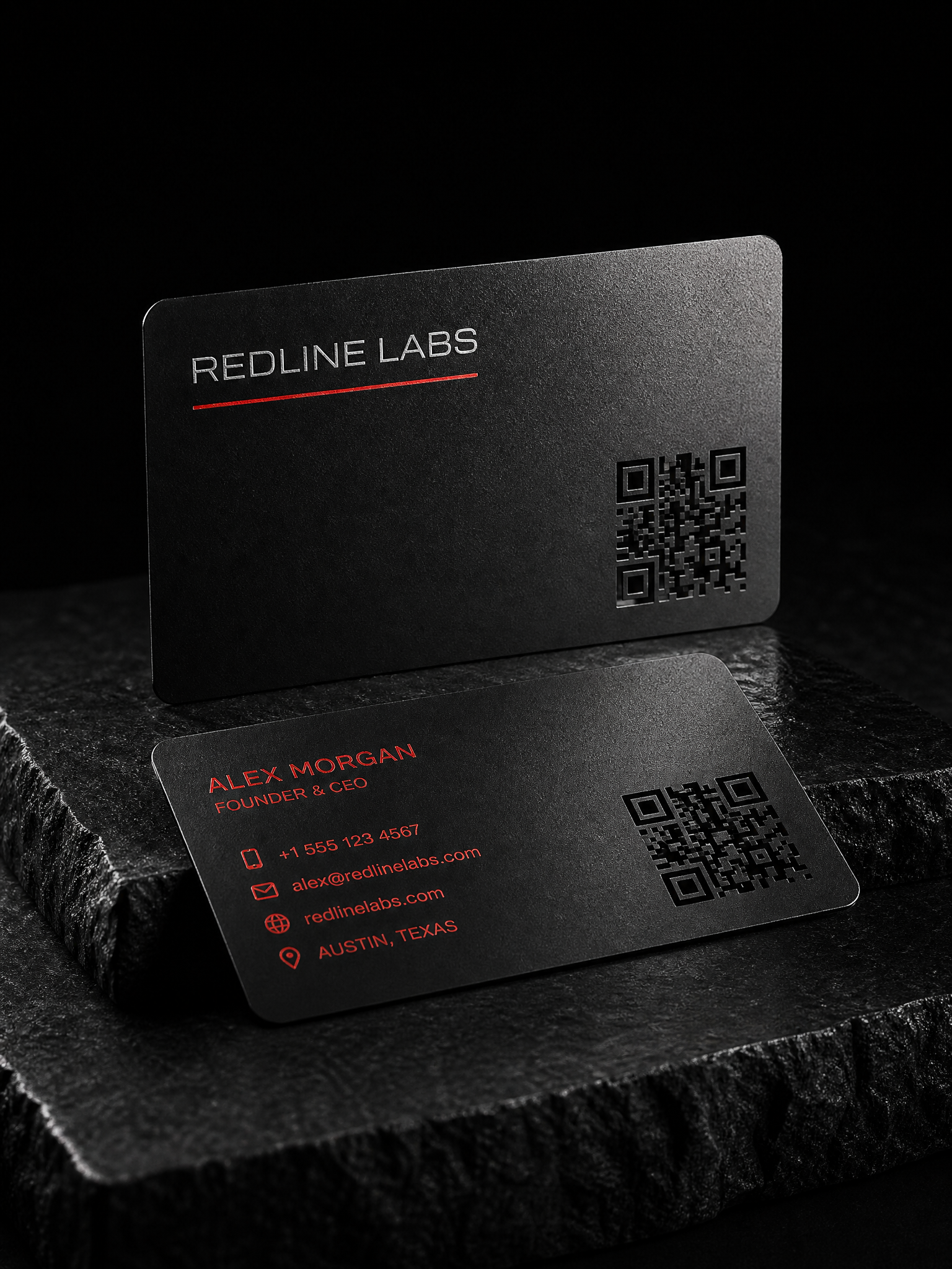 Business-cards for Print Peppermint design exercise with 0.5 mm stainless, black steel, brass, copper, rose gold, iridescent, laser etch, laser cut-through, chemical etch, colour-fill enamel, powder coat, mirror, brushed, matte and suede finishes and duplex mirror-to-matte in one card.
