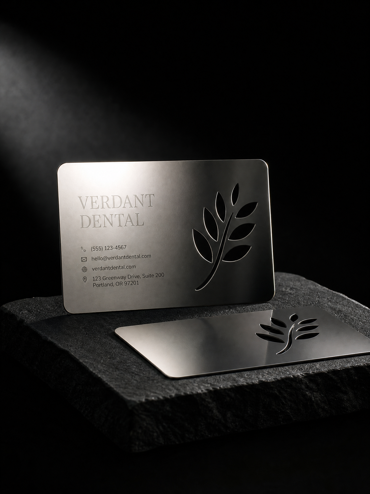 Mirror stainless leaf cut-through dental — custom metal business card by Print Peppermint, stainless steel with laser cut through, mirror finish