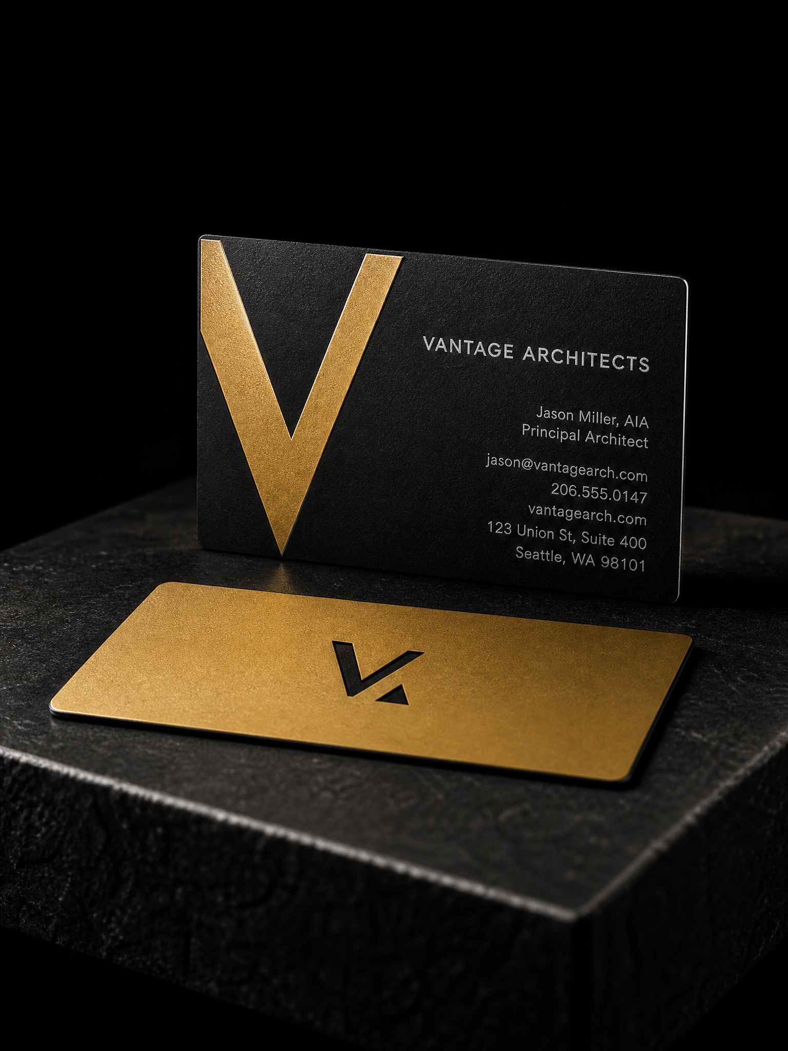 Black steel gold enamel angular V — custom metal business card by Print Peppermint, black metal with spot color enamel