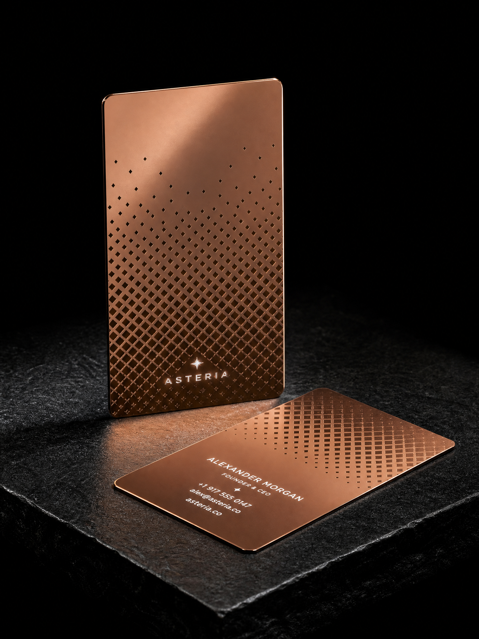 Rose gold mirror diamond halftone lattice — custom metal business card by Print Peppermint, rose gold metal with mirror finish