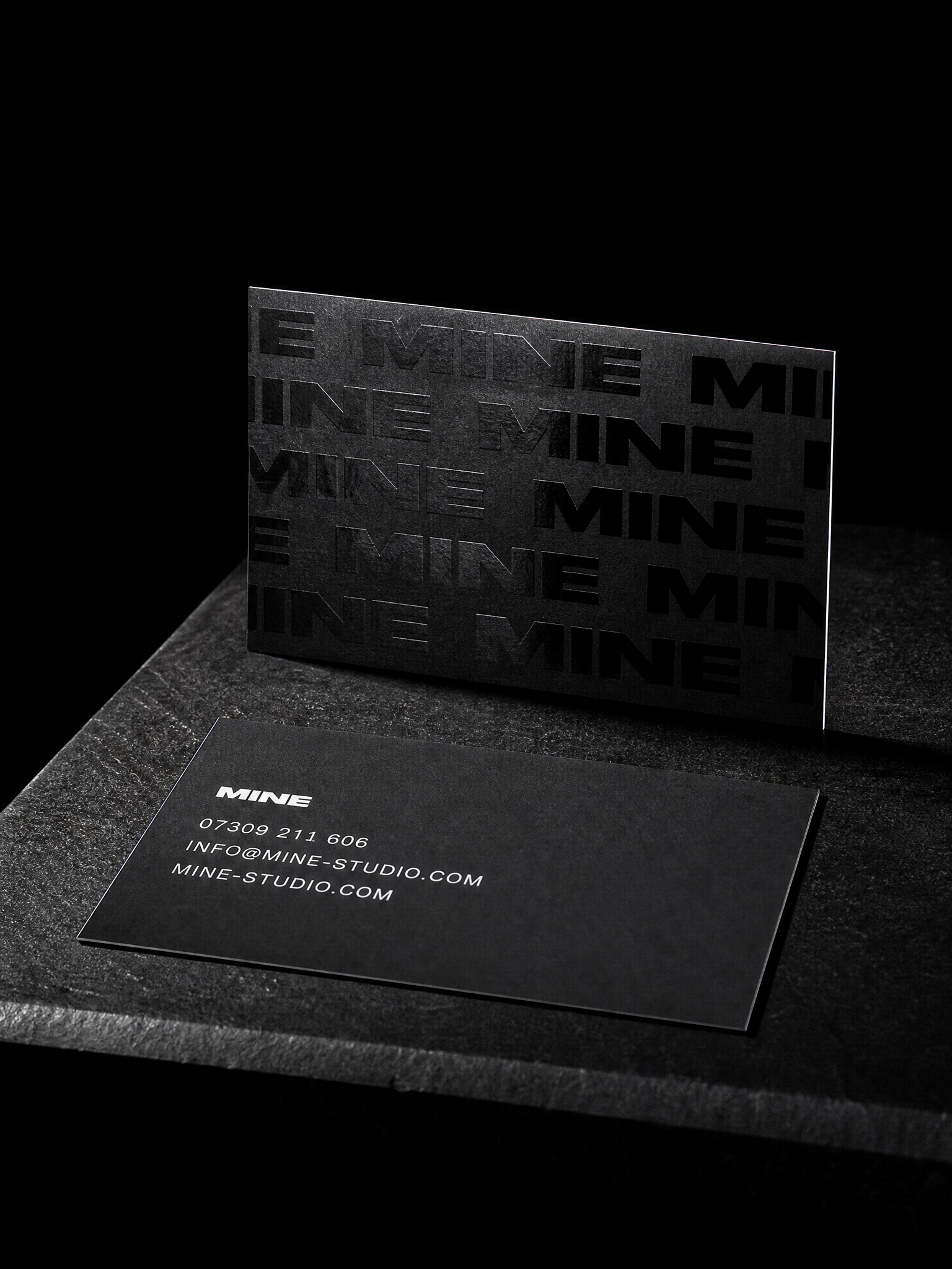 Business-cards for MINE with 16pt silk, matte, spot uv varnish and white ink.