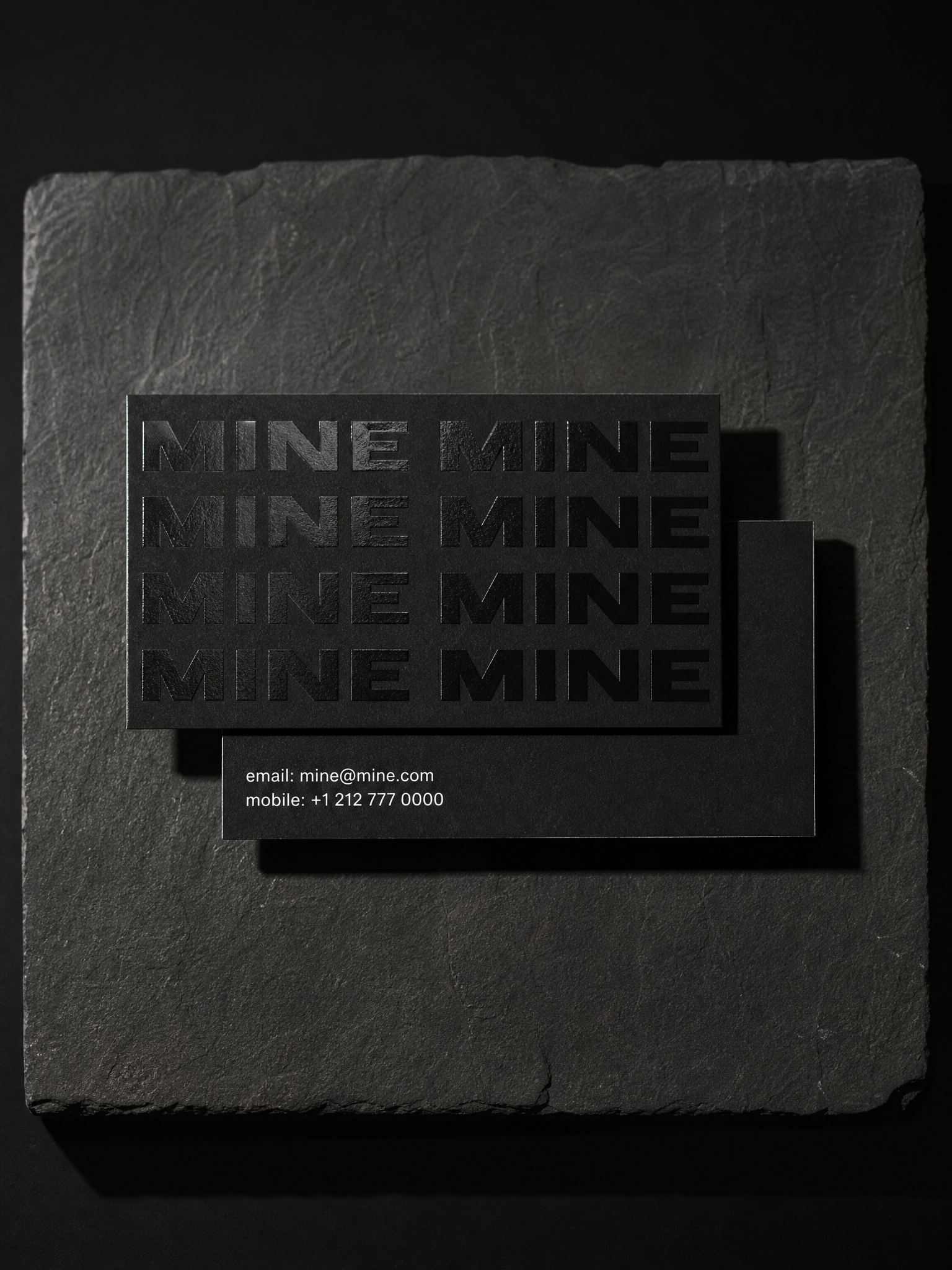 MINE business cards — 16pt silk, matte, Spot UV varnish, White ink