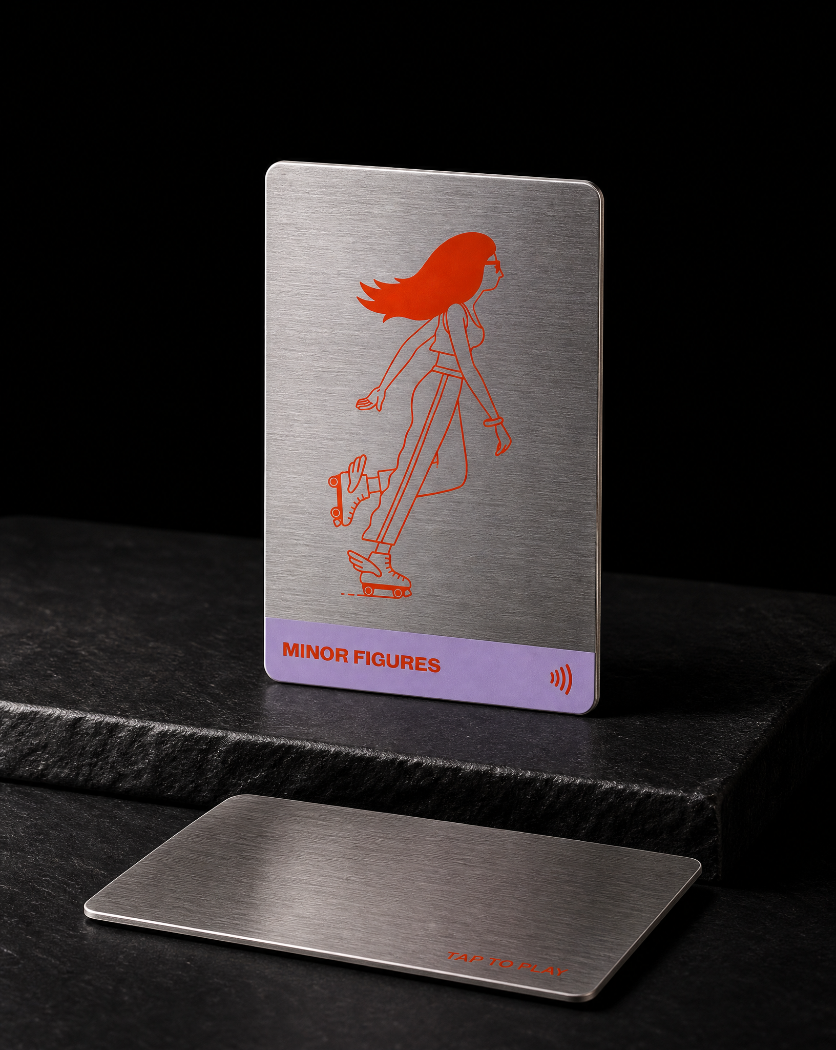 Clear PVC over brushed stainless steel, orange skater illustration printed straight onto the metal