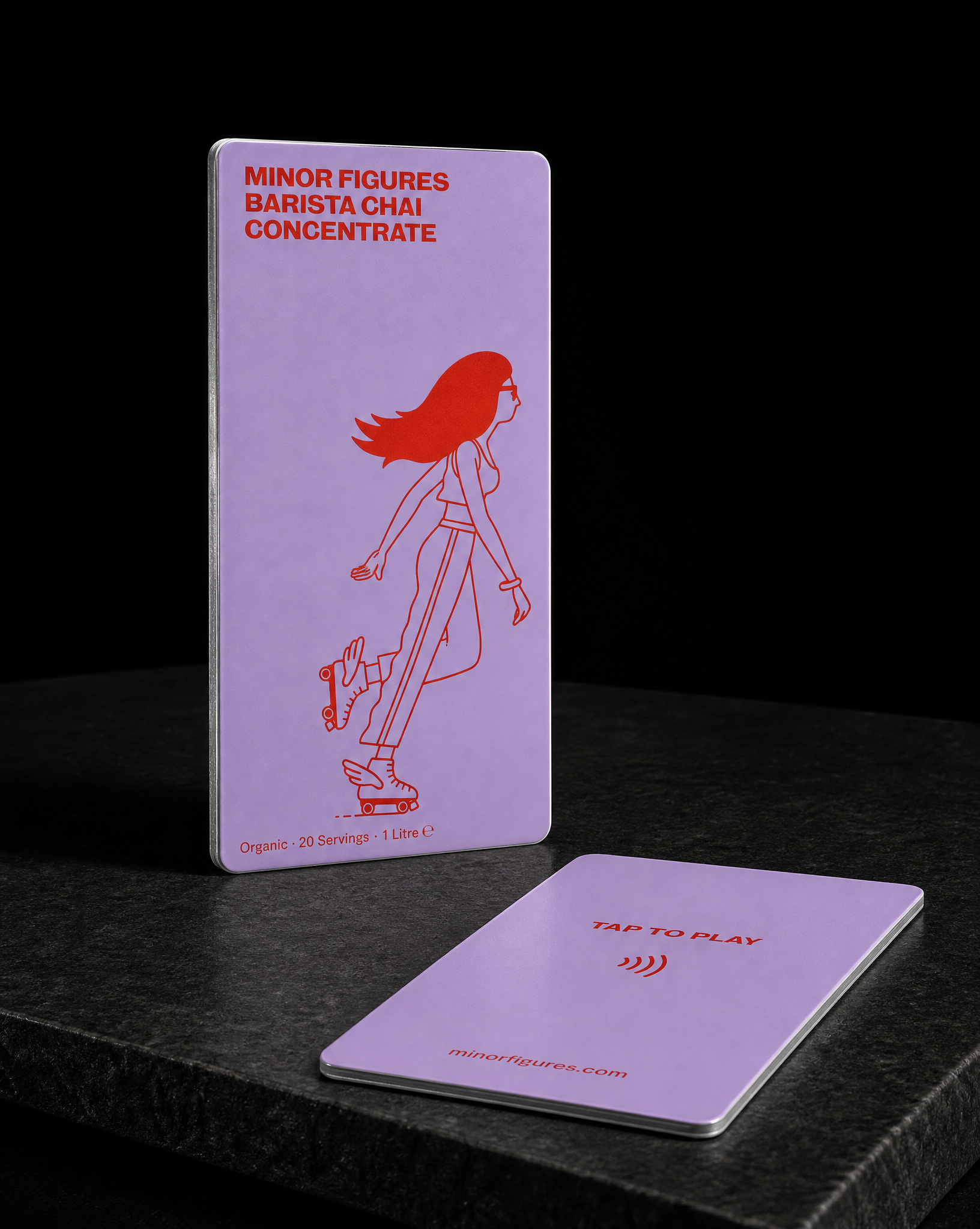 Card printed to match the Barista Chai carton, lilac ground with orange skater illustration