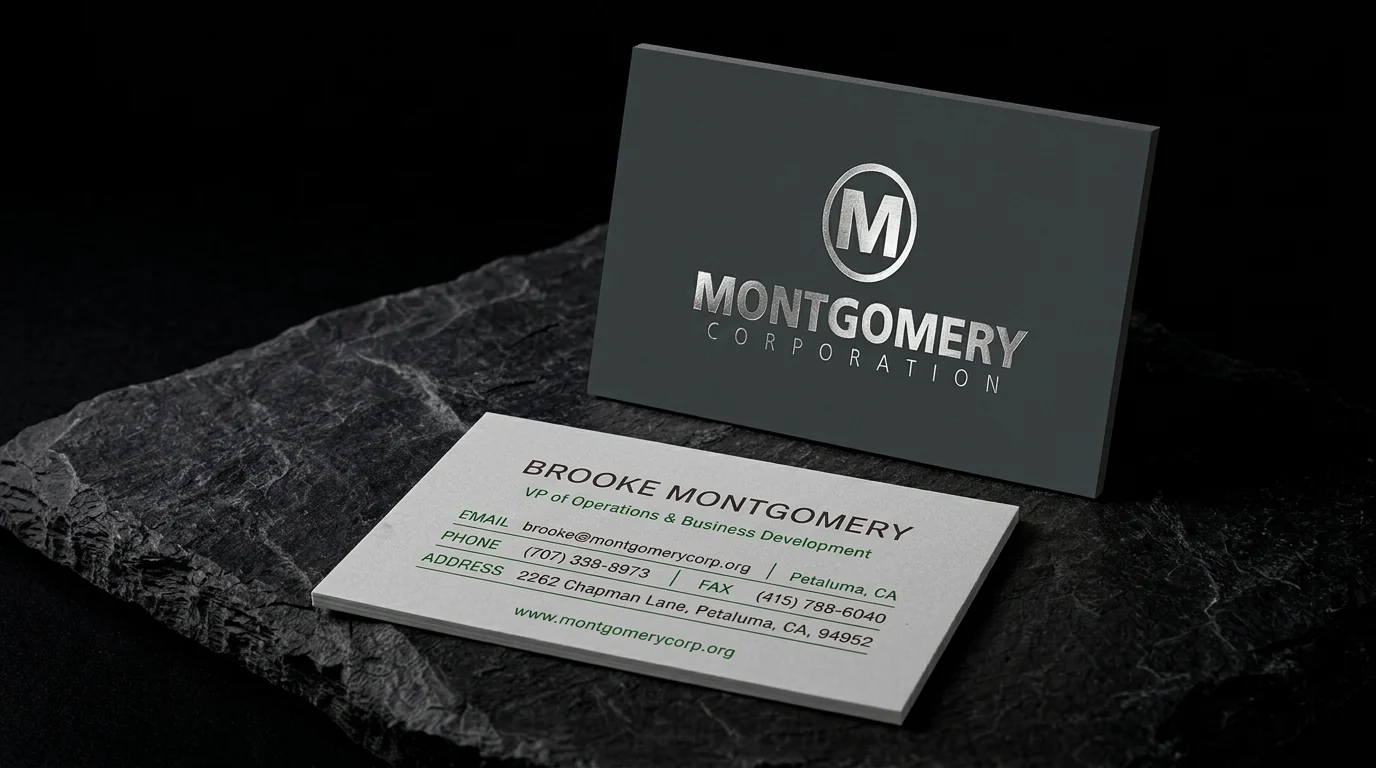 Business-cards for Montgomery Corporation with silver foil stamping, charcoal + grey and two-sided.