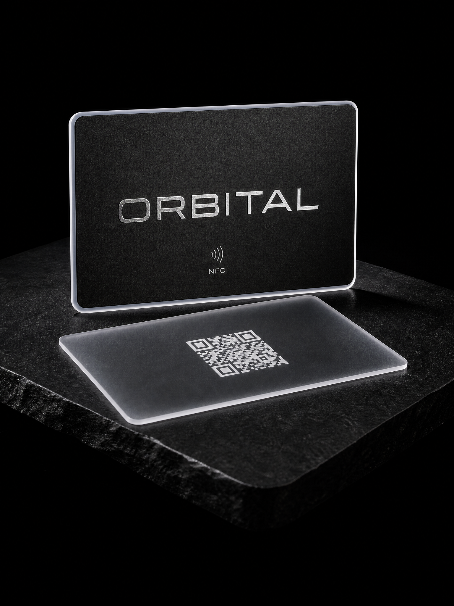 Black steel + frosted pvc hybrid glow edge orbital — custom NFC business cards by Print Peppermint, frosted pvc with nfc chip