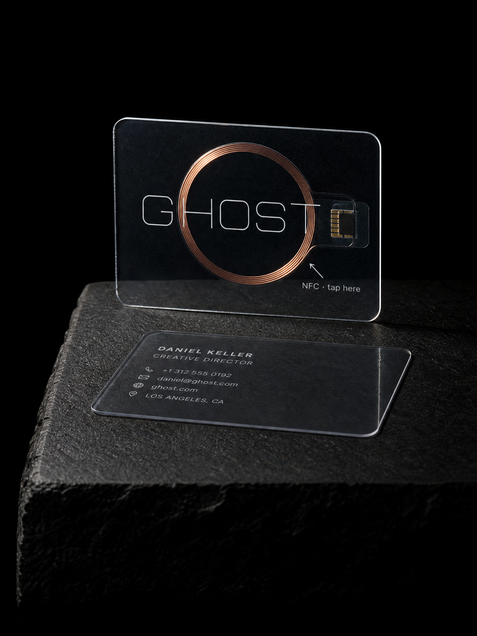 Crystal clear pvc visible chip coil ghost — custom NFC business cards by Print Peppermint, clear pvc with nfc chip