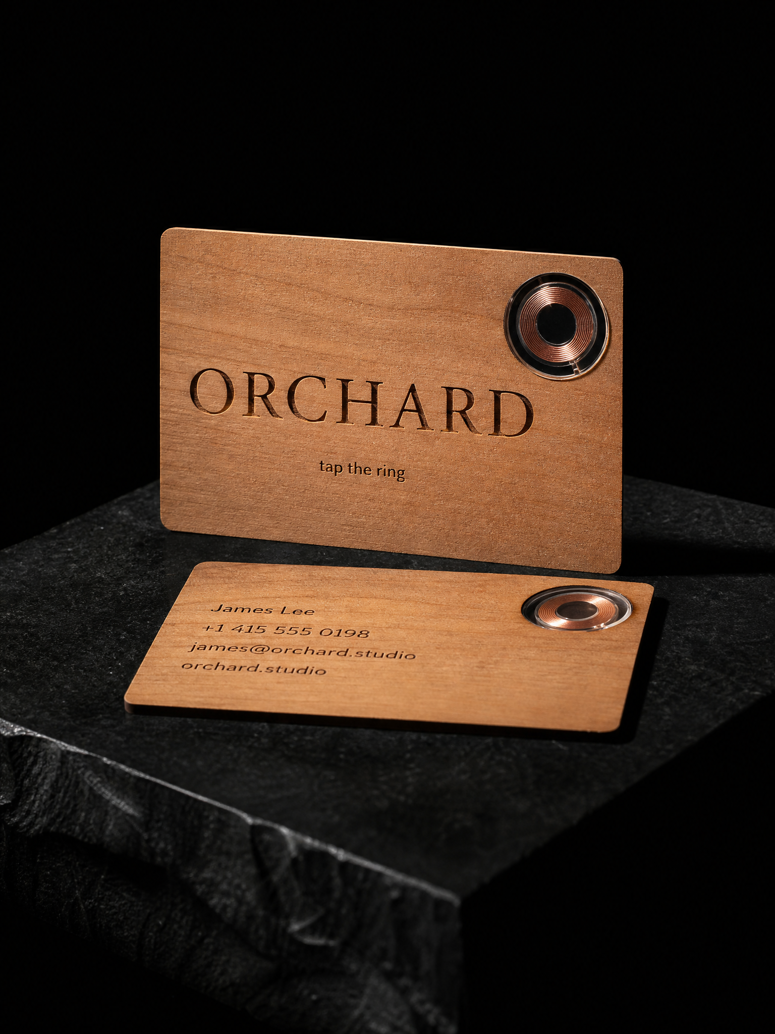 Cherry acrylic window visible coil orchard — custom NFC business cards by Print Peppermint, wood with nfc chip