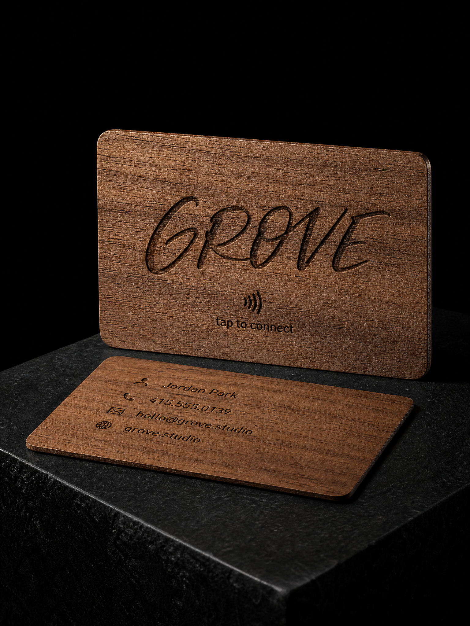 Walnut engraved script grove — custom NFC business cards by Print Peppermint, wood with nfc chip, laser engraving