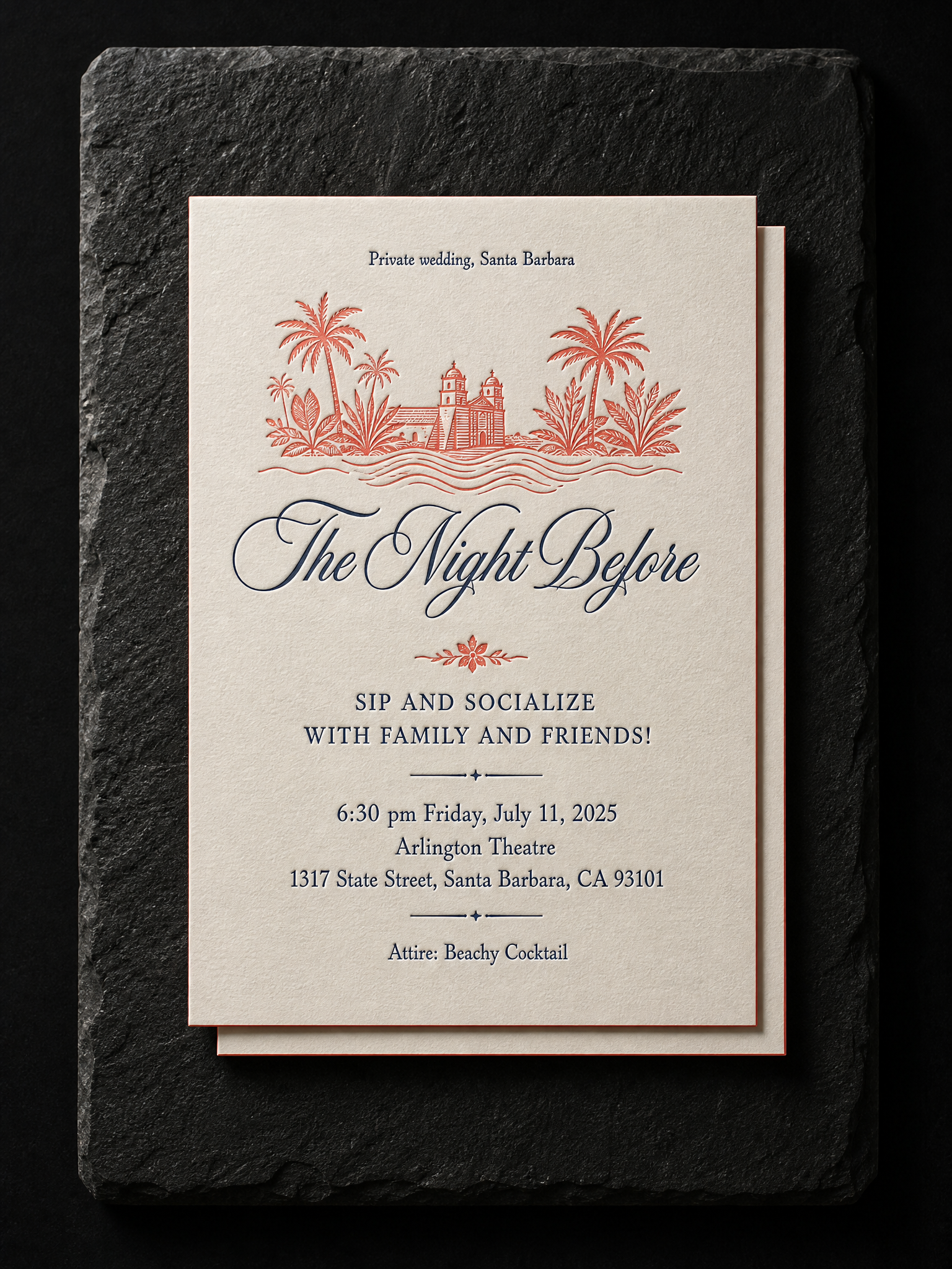 Private wedding, Santa Barbara wedding invitations — 40pt double-thick cream cotton, 2-colour letterpress, coral + navy, Painted edges