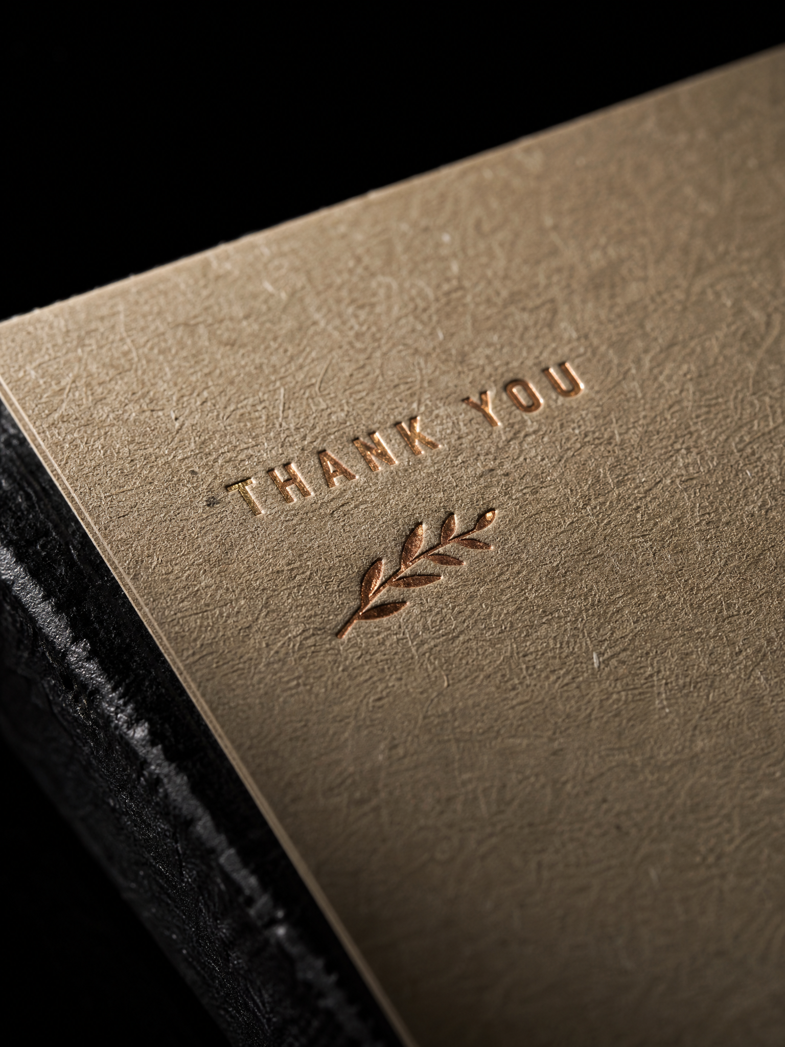 Thank you with a sprig, copper on kraft — macro, by Print Peppermint