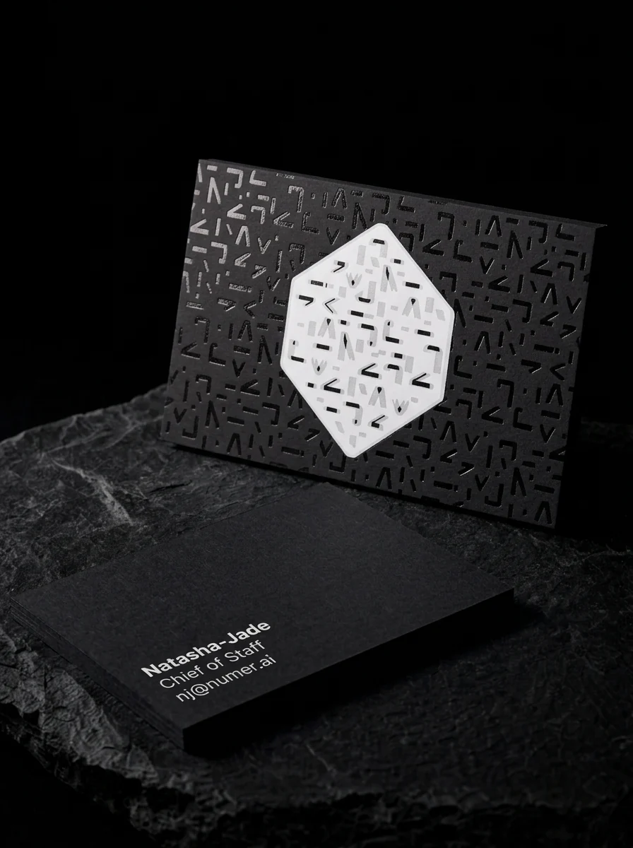 Business-cards for Numerai with black debossed, white pigment and black overlay foil stamping, 48pt black uncoated stock and two-sided.