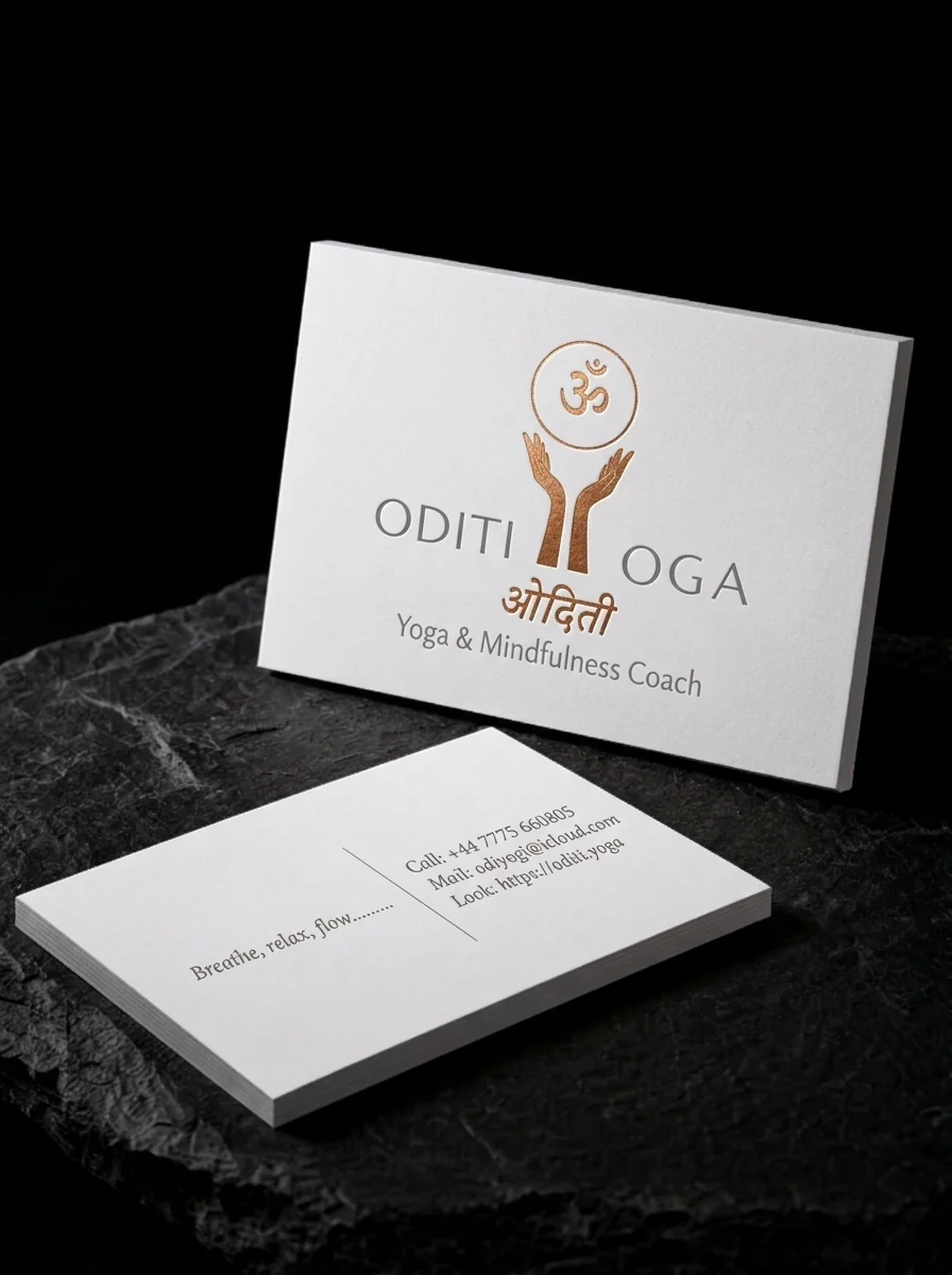 Business-cards for Oditi Yoga with copper foil stamping, slim format, clean white cotton and grey ink.