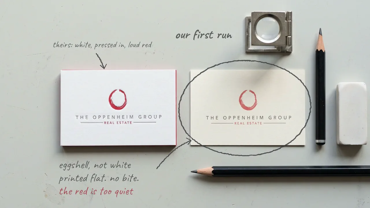 Leur ancienne carte à côté de notre premier tirage sur un bureau gris, avec des annotations au crayon qui s'écrivent : coquille d'œuf, pas blanc ; imprimé à plat, sans foulage ; le rouge est trop discret