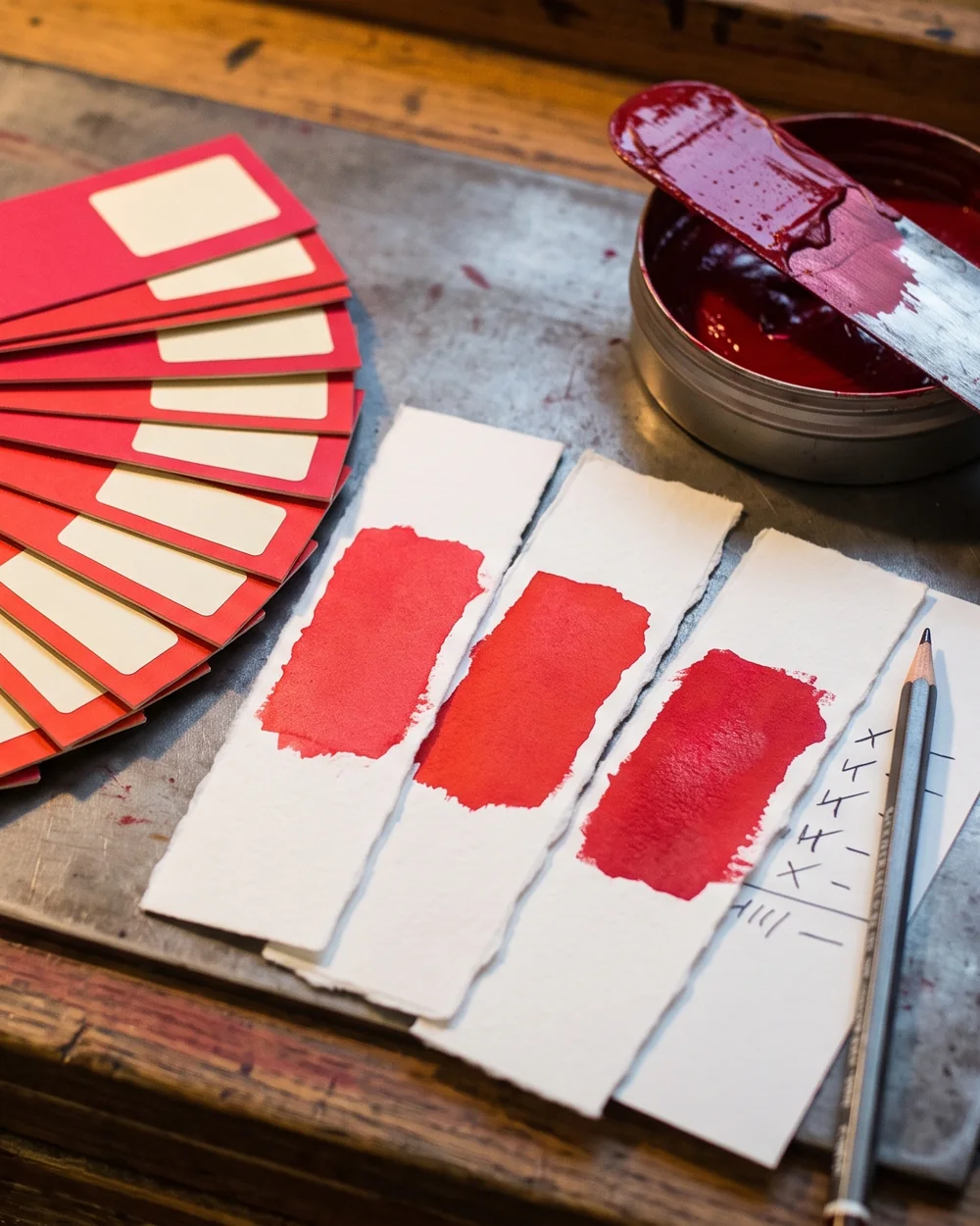 Essais d'encre rouge sur des bandes de coton, à côté d'un éventail de rouges Pantone et d'une boîte d'encre rouge mélangée