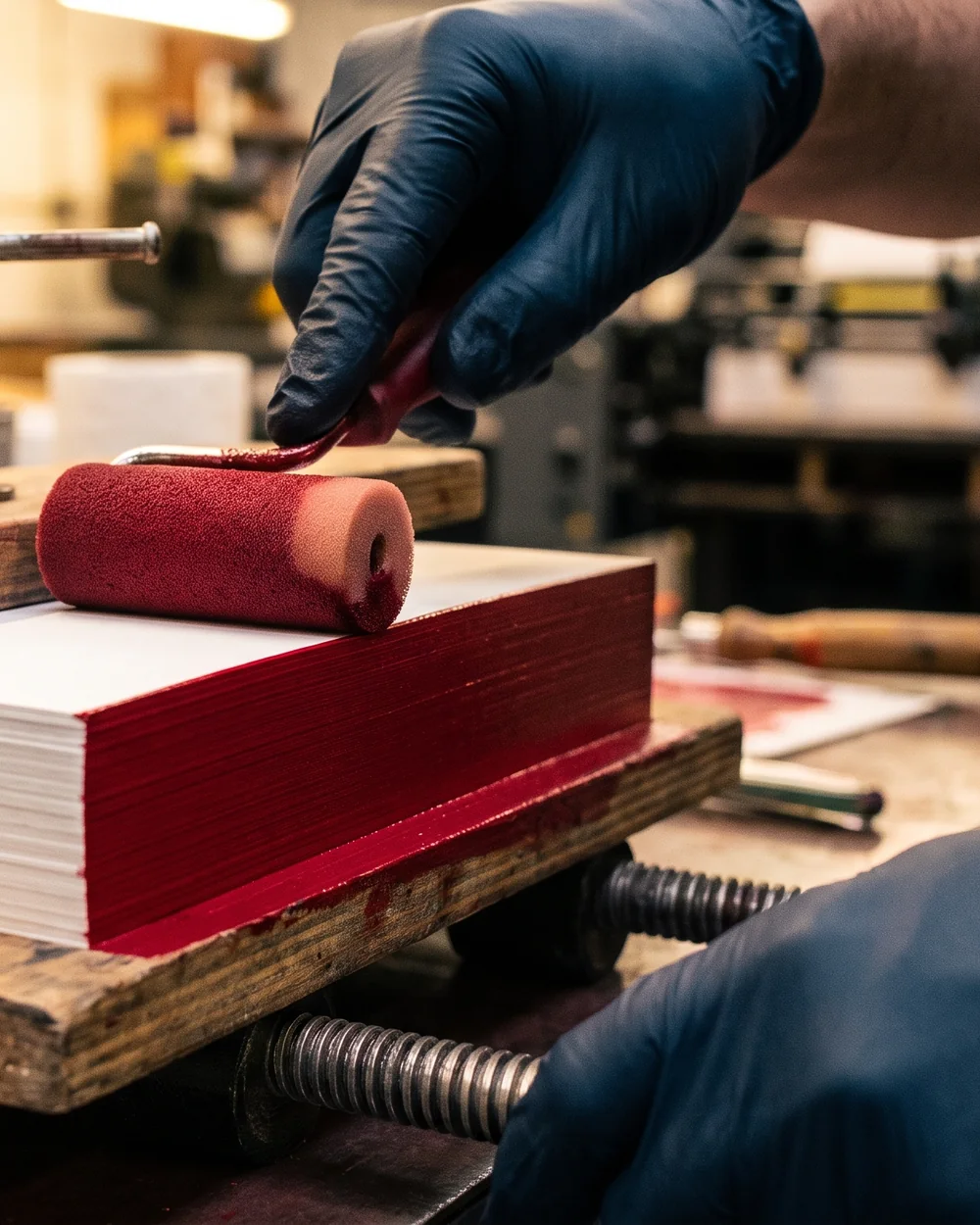 Des mains gantées passent au rouleau de la peinture rouge sur la tranche d'une pile de cartes blanches serrée dans une presse