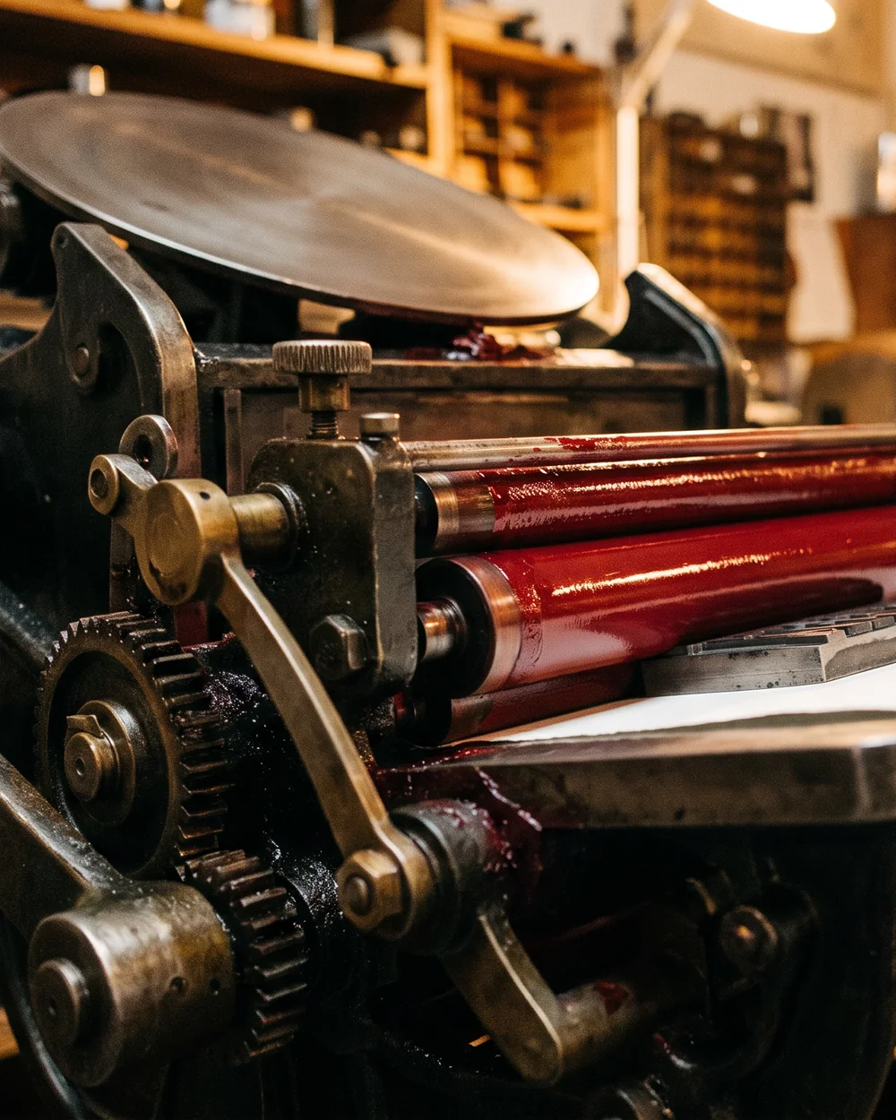 Une presse letterpress à platine ancienne, de l'encre rouge sur les rouleaux, et une feuille de coton blanc en cours d'alimentation