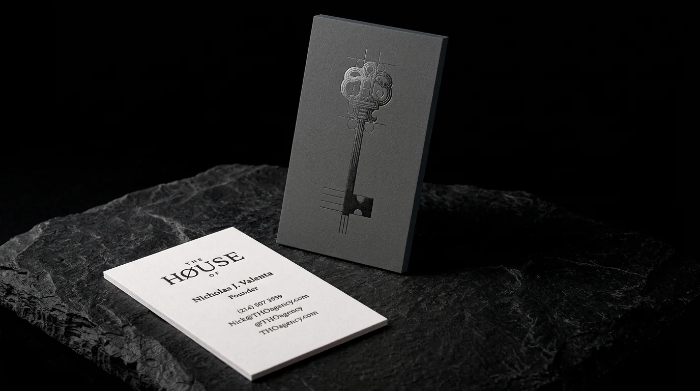 Business-cards for THO Agency with gunmetal foil stamping, portrait, charcoal + cotton and letterpress.
