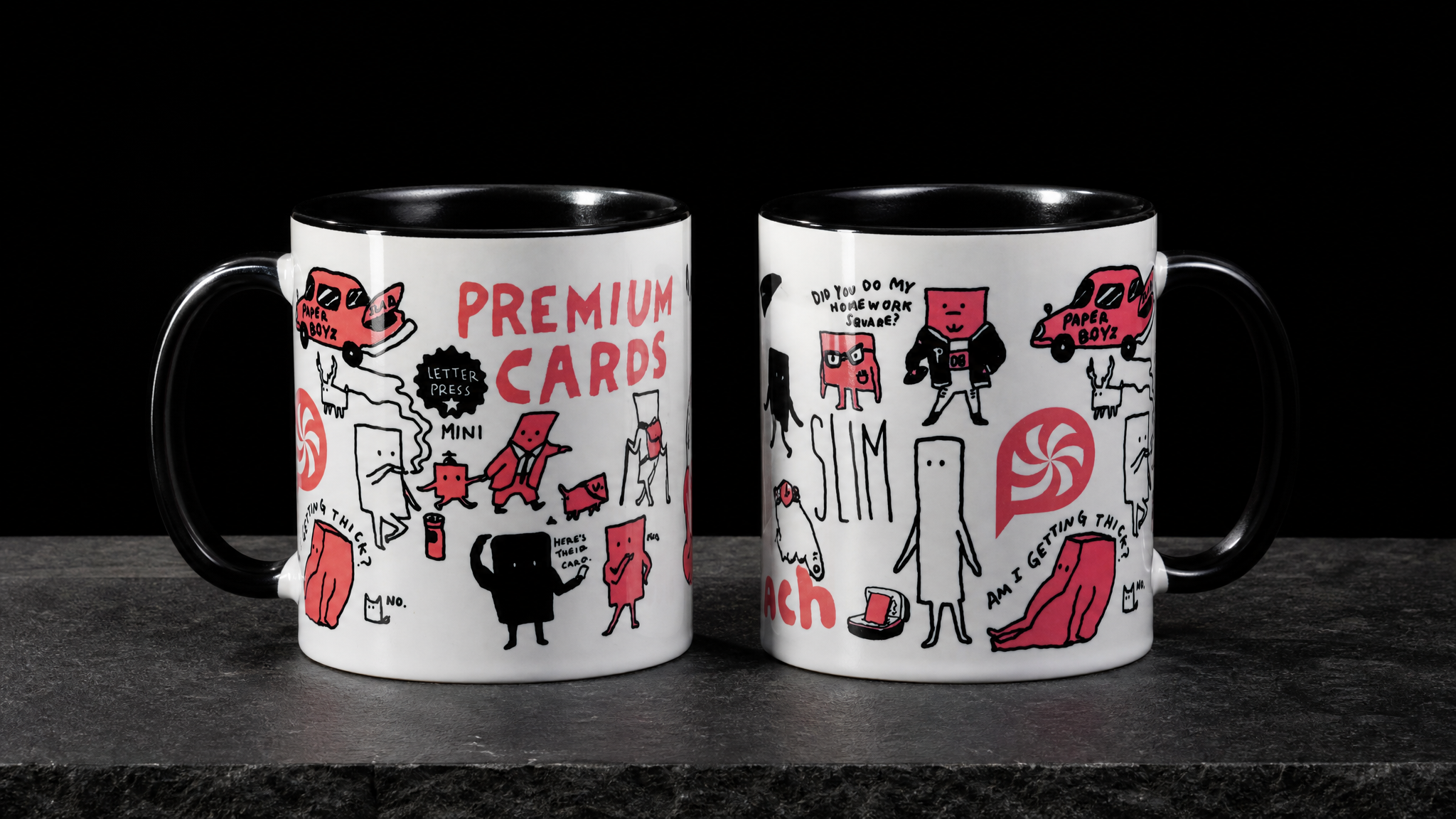 Two Paper Boyz mugs rotated to show the full 360-degree dye sublimation wrap