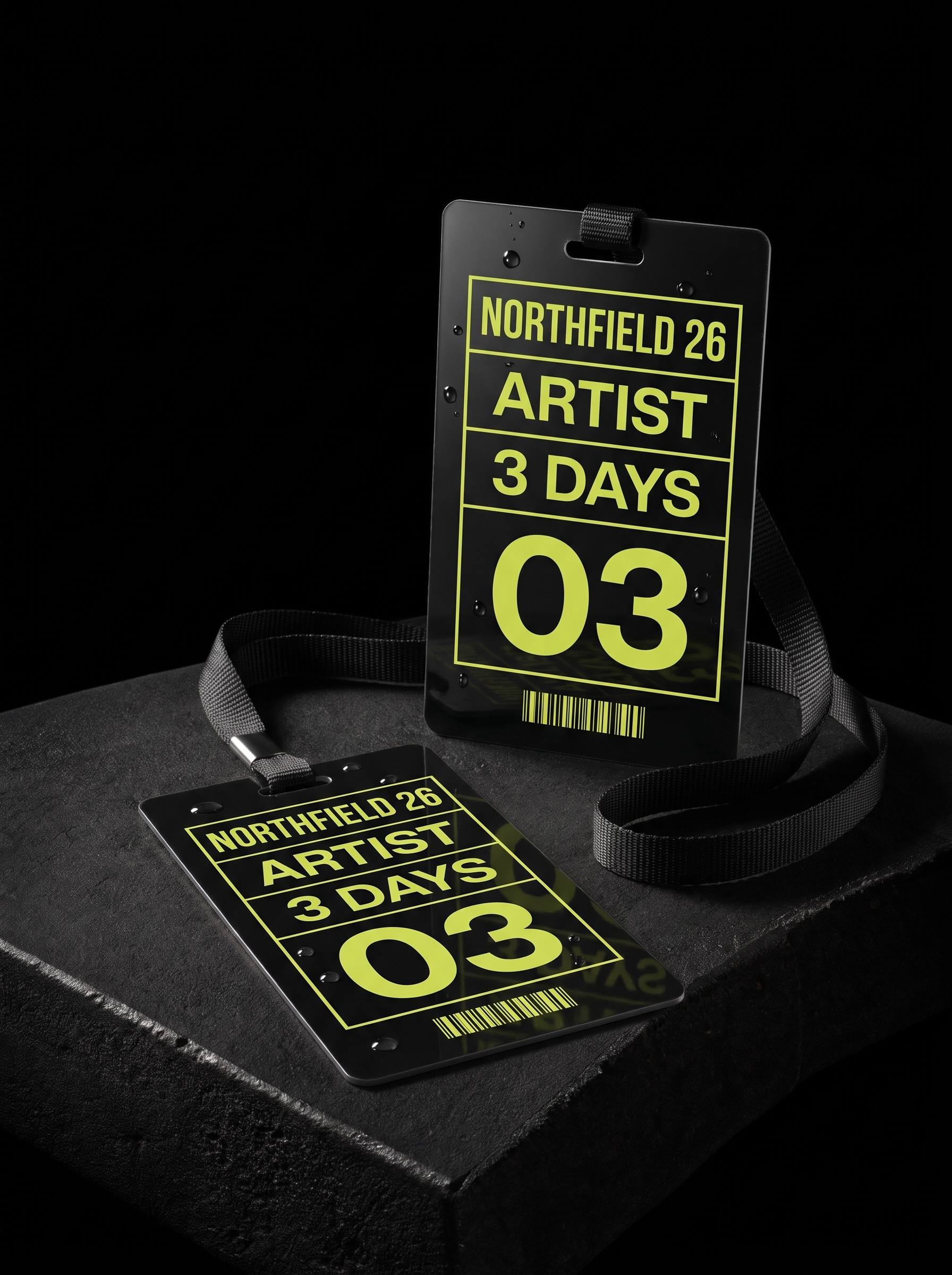 Two rigid black PVC festival passes printed in chartreuse, on black lanyards, with water beaded on the surface.
