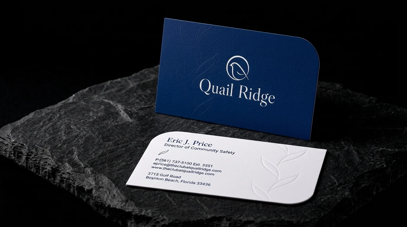 The Club at Quail Ridge embossed business card: Leaf-cut corners, blind-embossed branches, navy front