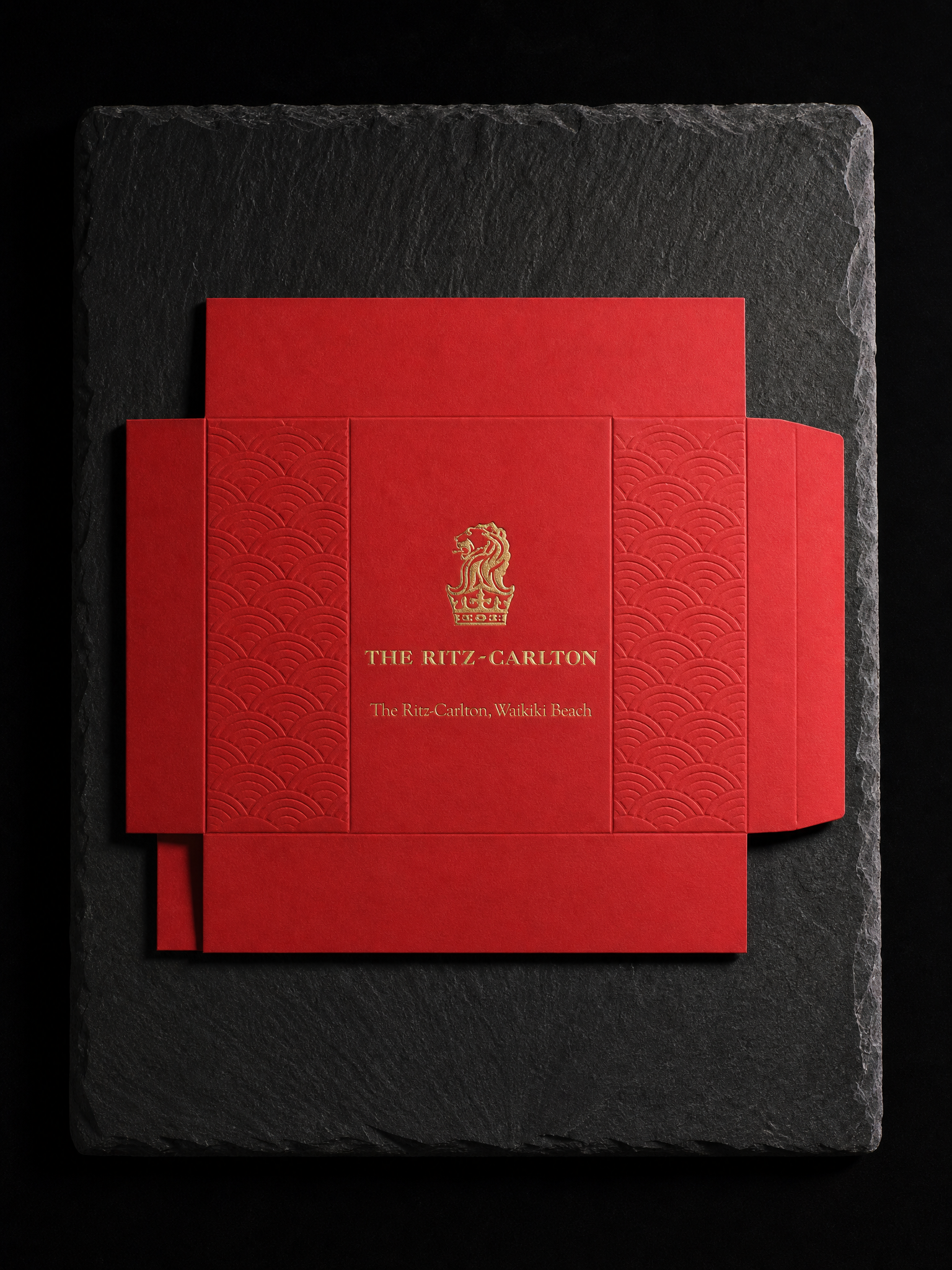 The Ritz-Carlton, Waikiki Beach labels — 130lb vermilion uncoated, Gold hot foil, Blind emboss