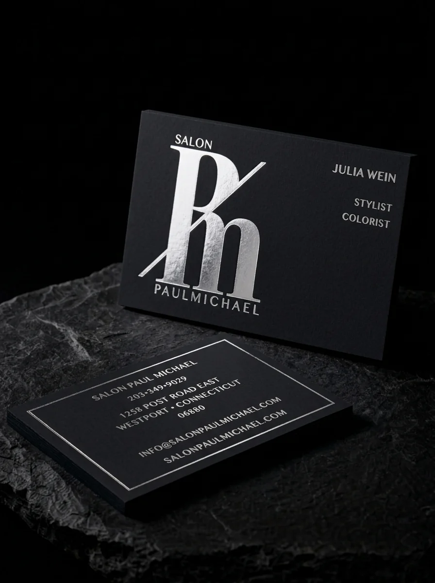 Business-cards for Salon Paul Michael with silver and frame foil stamping, black uncoated stock and two-sided.
