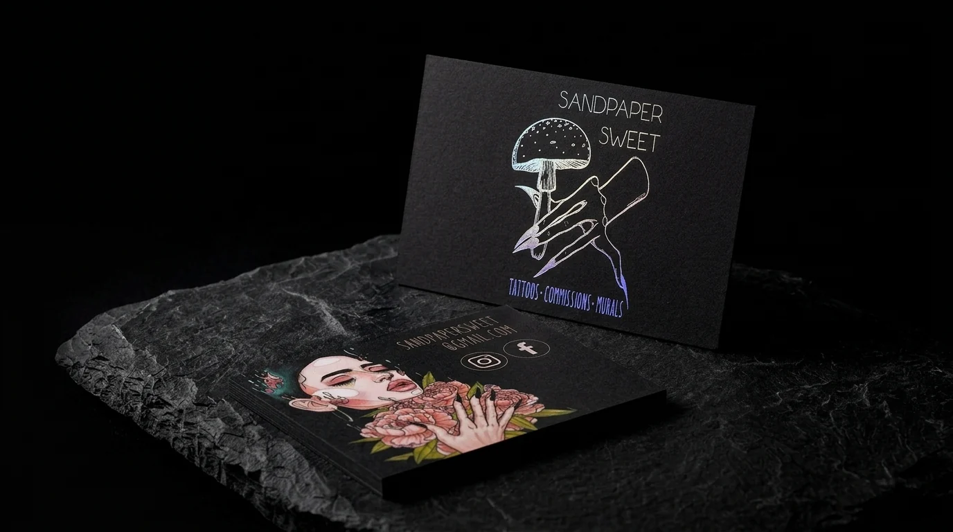 Business-cards for Sandpaper Sweet with holographic and violet foil stamping, black stock and full-colour reverse.