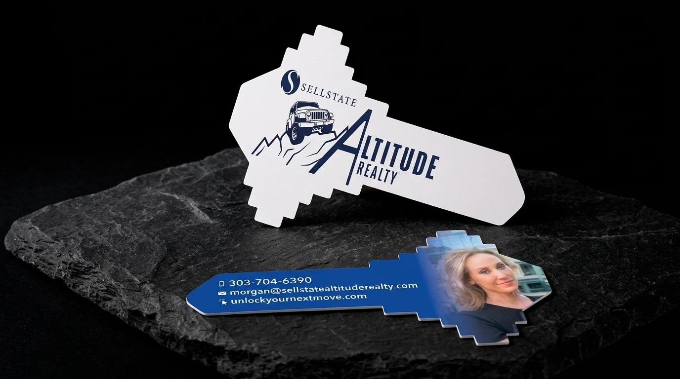 Sellstate Altitude Realty: a house-key card. Custom die cut as a key: stepped bow and blade, photo in the bow