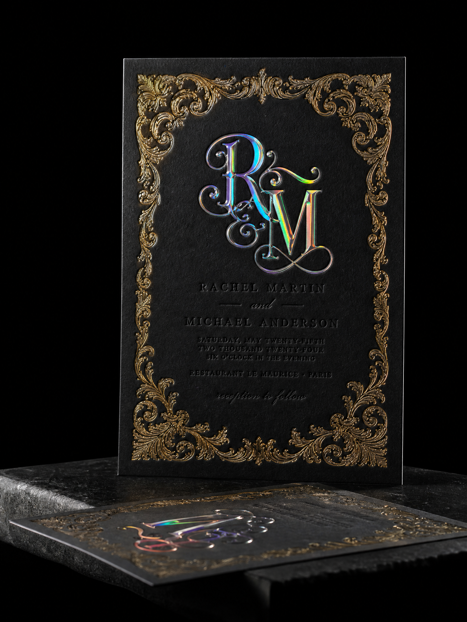 Black cotton gold baroque frame holographic monogram — custom wedding invitations by Print Peppermint, specialty print with holographic foil