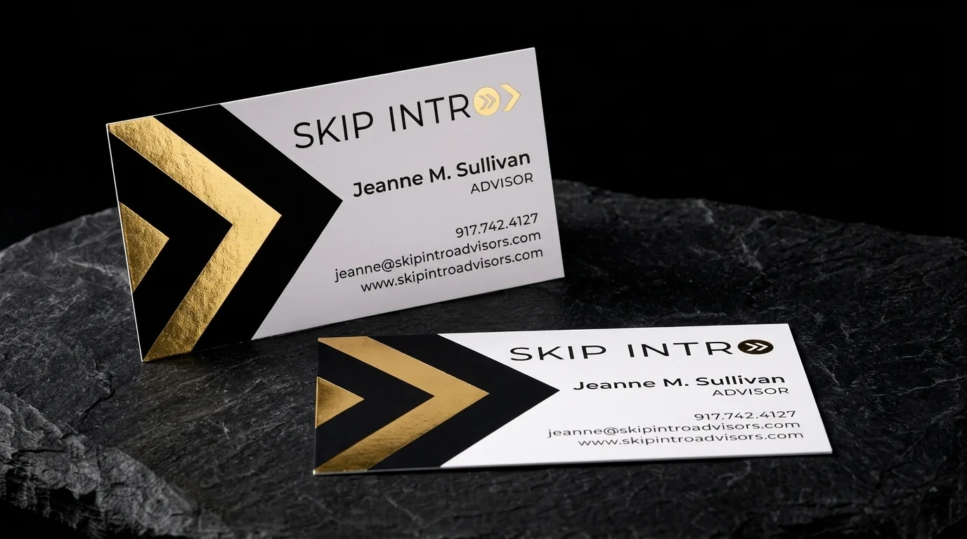 Business-cards for Skip Intro Advisors with gold foil stamping, white stock and black ink.
