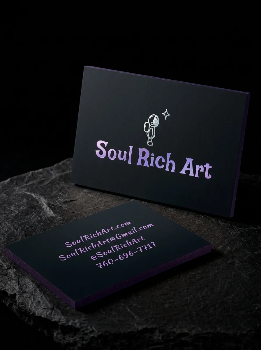 Business-cards for Soul Rich Art with lavender lettering and silver drawing foil stamping, matte black card and two-sided.
