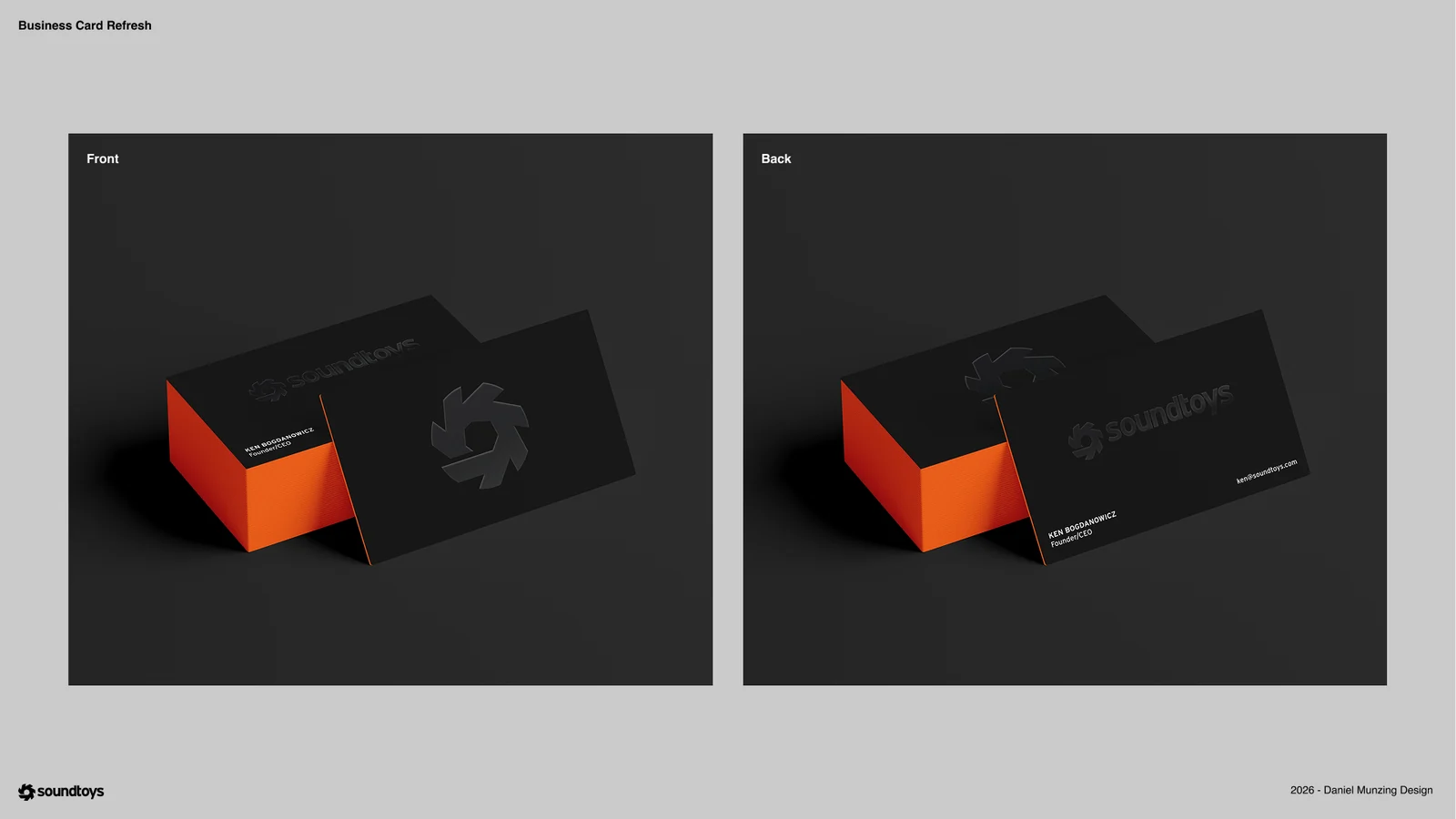 Daniel Munzing's mockup for the Soundtoys business card refresh: a black card with the seven-blade icon on the front, the soundtoys wordmark and contact details on the back, and orange edges