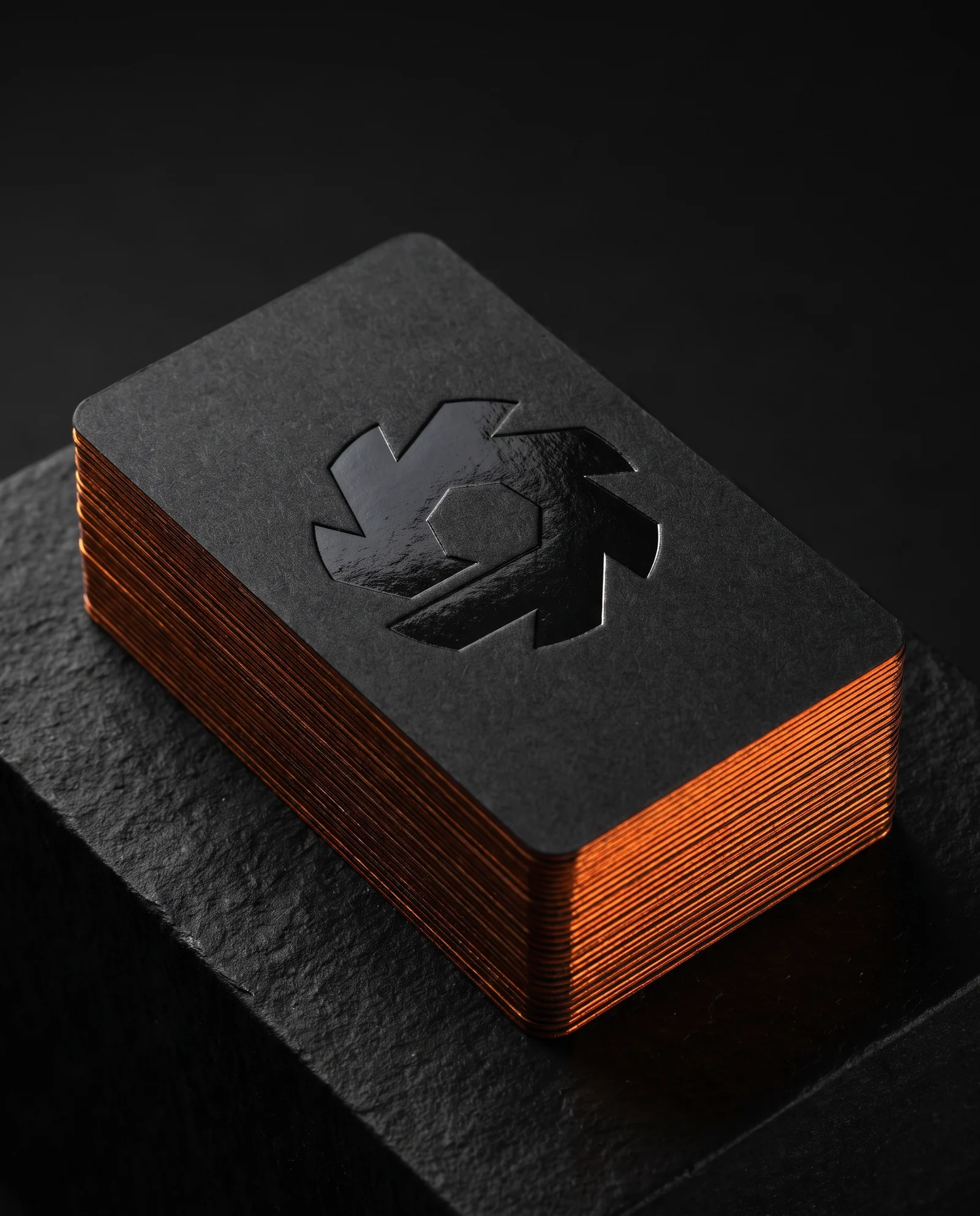 Direction A — black uncoated, foil + deboss
