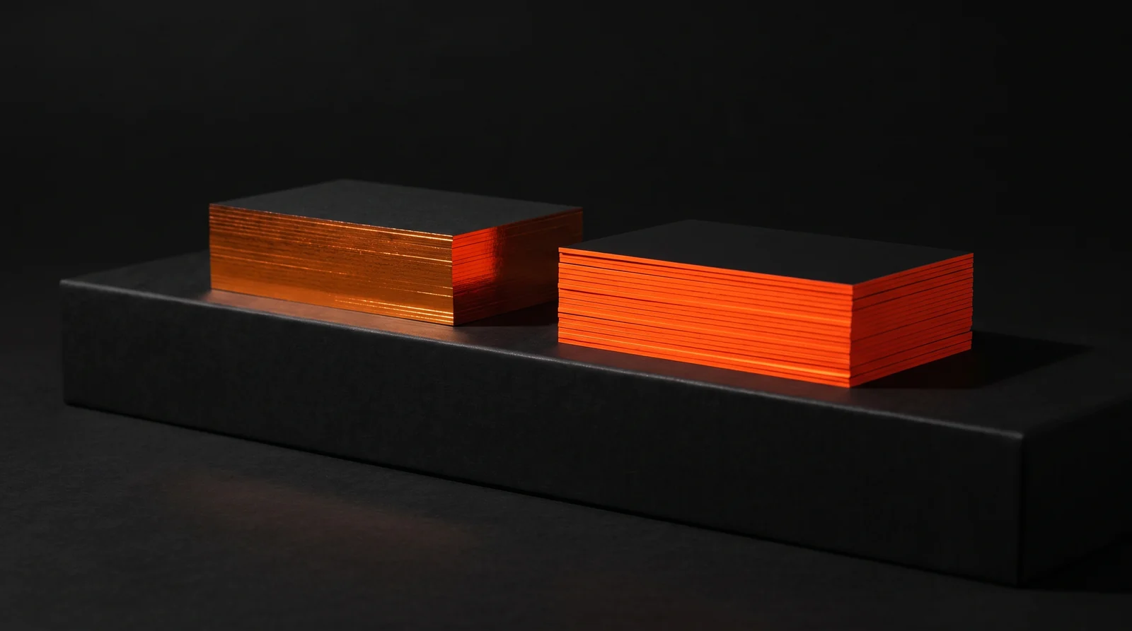 Two stacks of Soundtoys cards seen edge-on: left, metallic orange hot-foil edges on black uncoated stock; right, fluorescent neon orange PMS 804 painted edges on soft-touch stock. Production simulation.