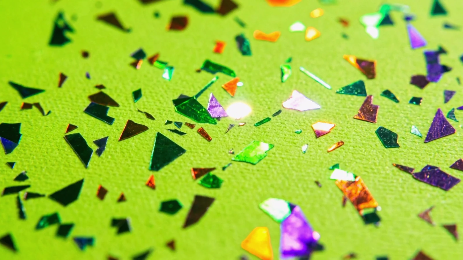 Macro of Silver Cat's Eye holographic foil shards on neon green paper