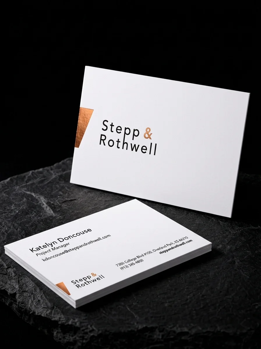 Business-cards for Stepp & Rothwell with copper and to bleed foil stamping and white smooth stock.