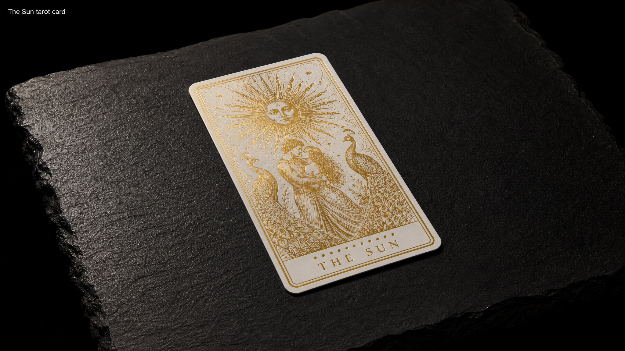 The finished The Sun (independent tarot deck) stickers shown in full — 2.75 × 4.75 in, rounded corners, 16pt white silk, Gold hot foil, single pass, Minimum dot 0.25 mm.