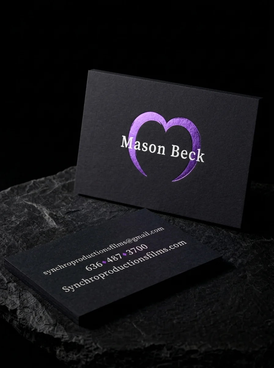 Business-cards for Synchro Productions with purple and silver overlay foil stamping, black uncoated stock and two-sided.