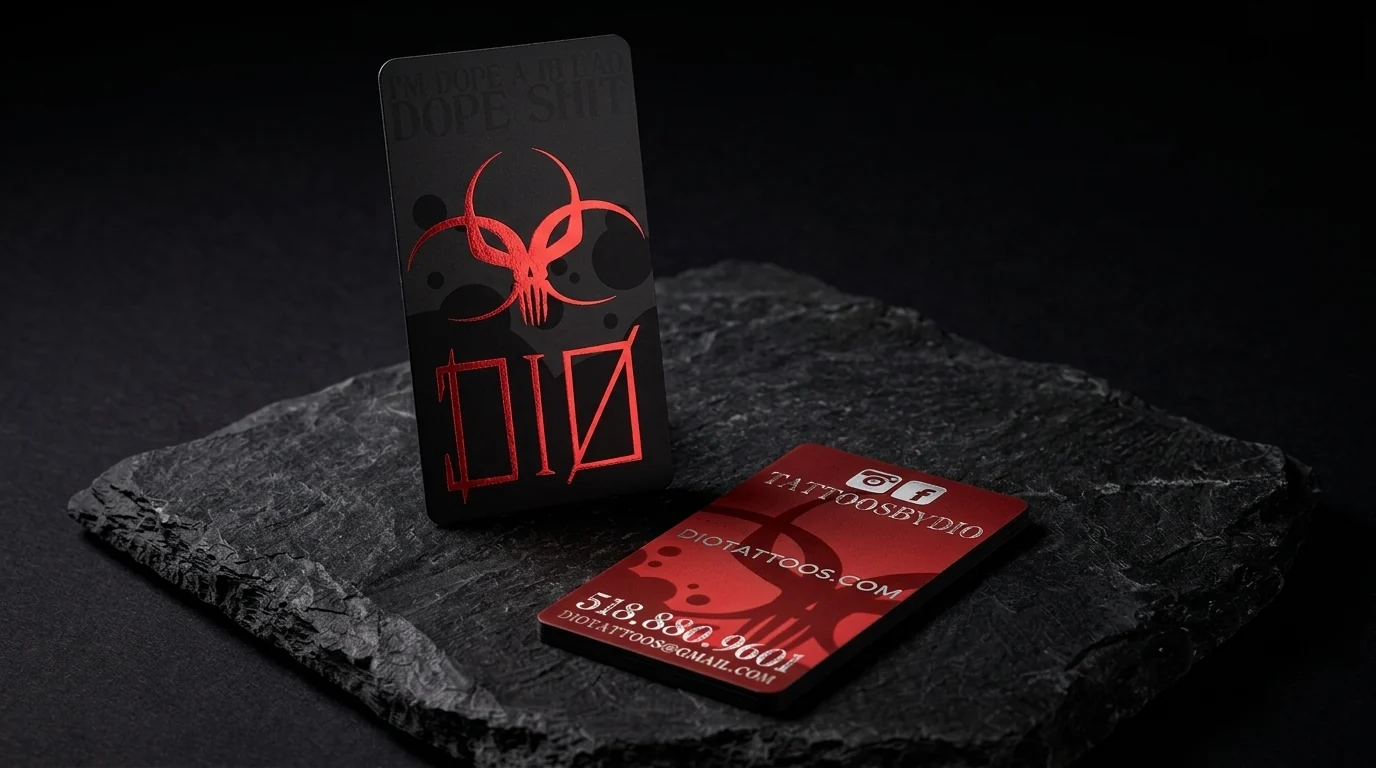 Business-cards for Tattoos by Dio with red and silver foil stamping, portrait, soft-touch black and rounded corners.