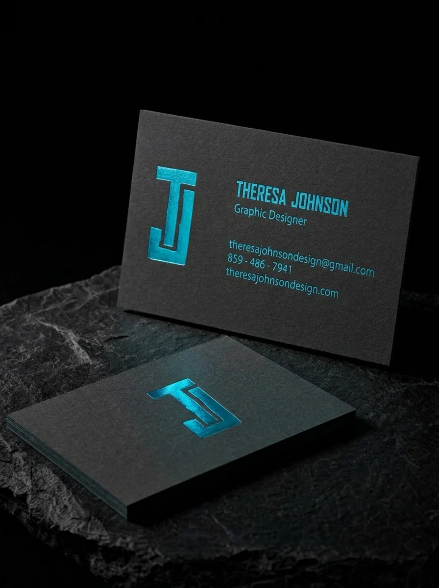 Business-cards for Theresa Johnson with blue iridescent and two-sided foil stamping and black uncoated stock.